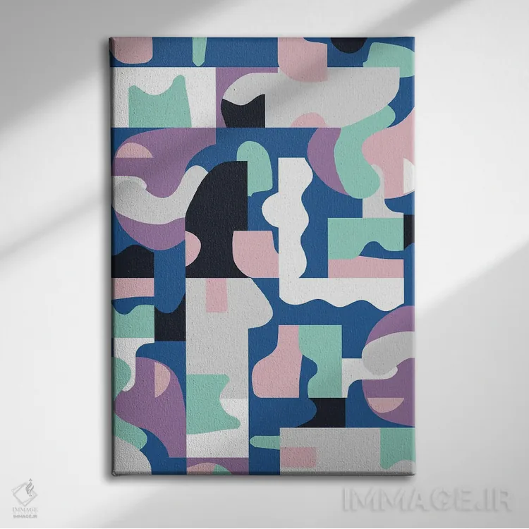 تابلو انتزاعی بلوک های ارگانیک ماتیس آبی و صورتی اثر نینولا دیزاین - نمای روبهرو روی دیوار