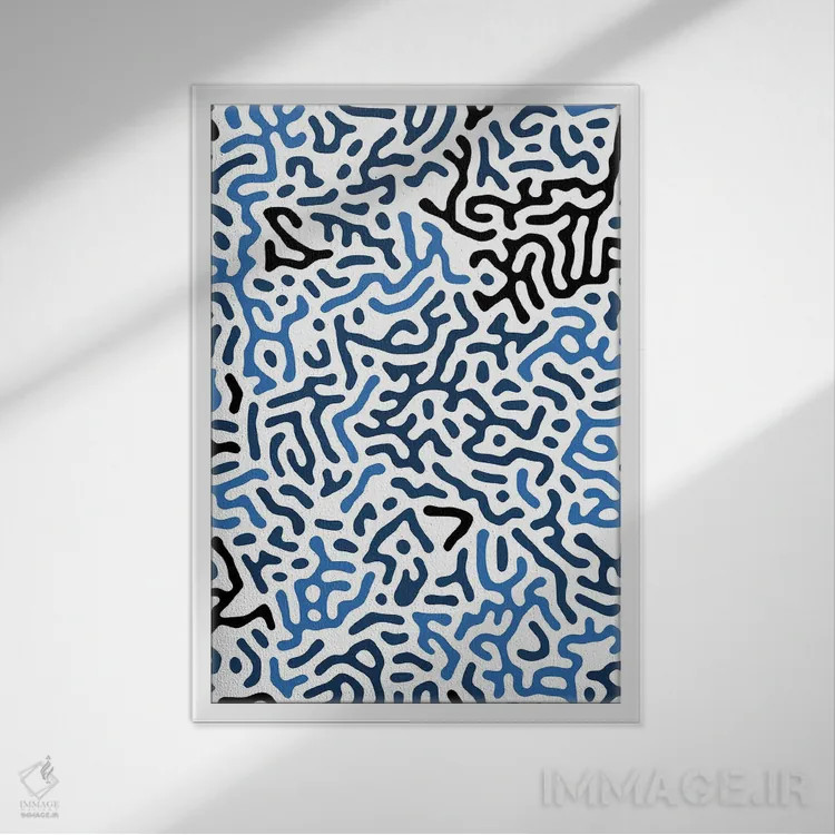 تابلو انتزاعی اشکال هندسی دیجیتال ارگانیک آبی اثر نینولا دیزاین - نمای قابدار سفید