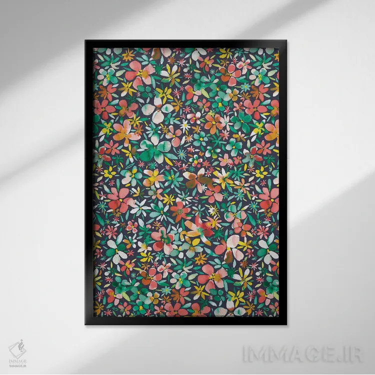 تابلو انتزاعی گل و گلبرگ های رنگی سبز اثر نینولا دیزاین - نمای قابدار مشکی