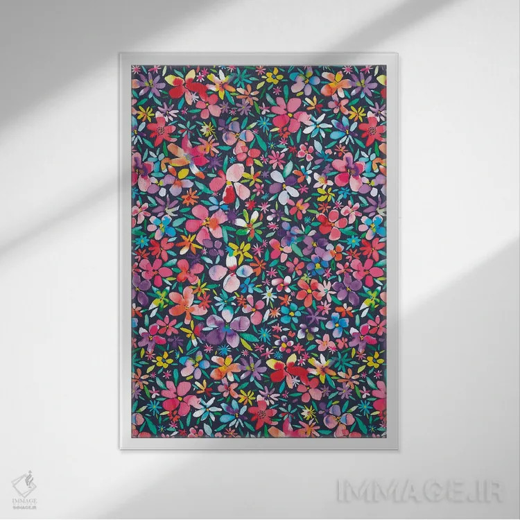 تابلو انتزاعی گل و گلبرگ های رنگی سرمه ای اثر نینولا دیزاین - نمای قابدار سفید