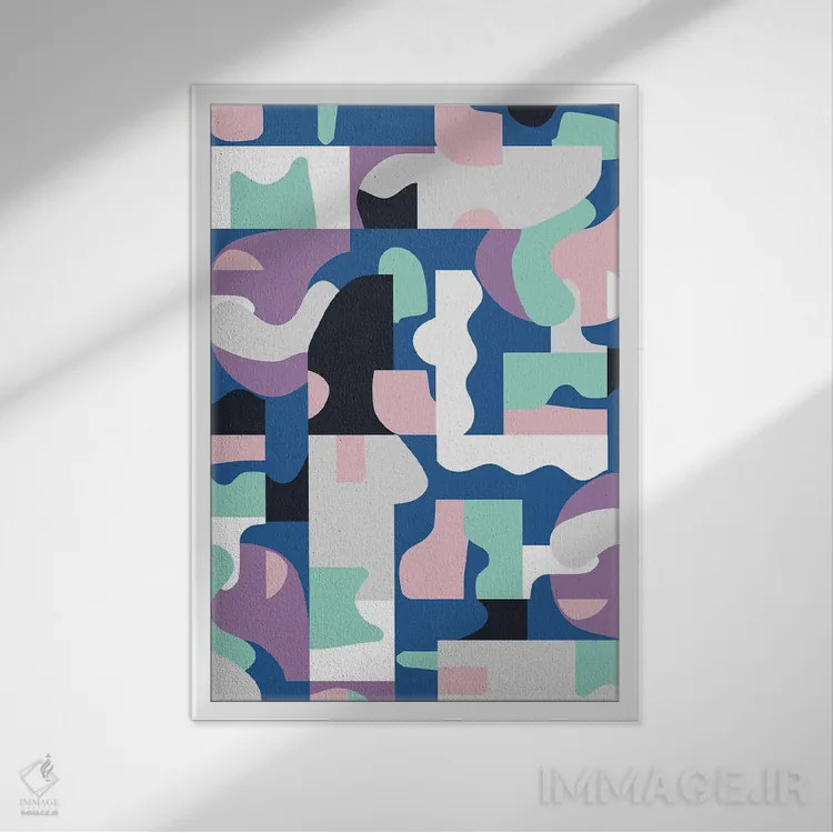 تابلو انتزاعی بلوک های ارگانیک ماتیس آبی و صورتی اثر نینولا دیزاین - نمای قابدار سفید