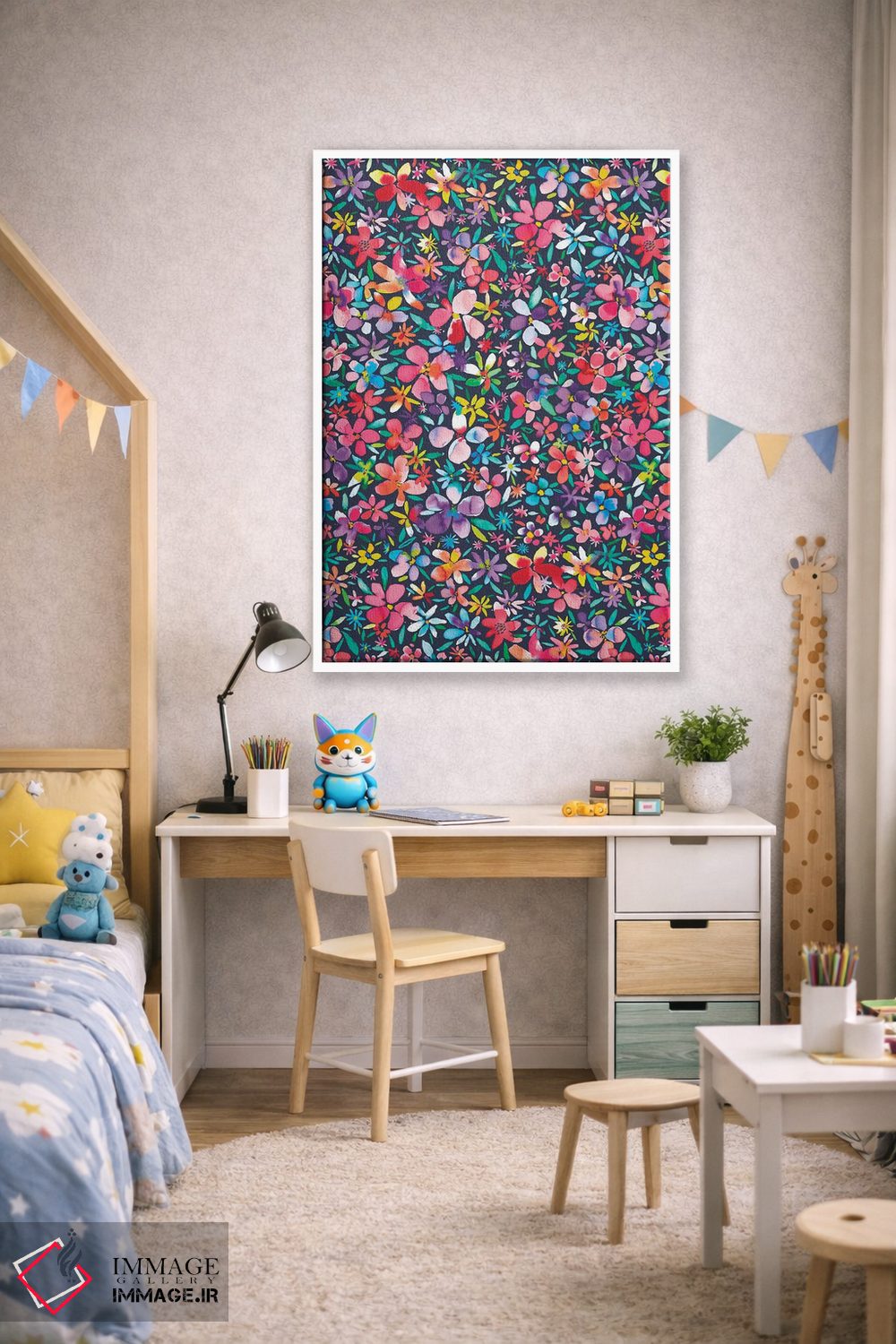 تابلو انتزاعی گل و گلبرگ های رنگی سرمه ای اثر نینولا دیزاین - D1W