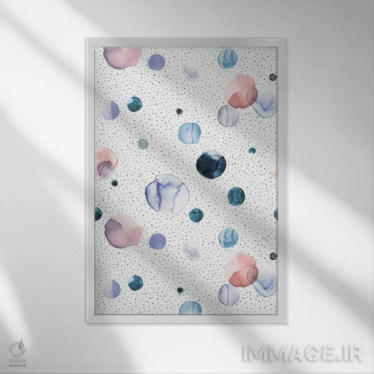 تابلو انتزاعی نقاط خال دار آبرنگی بنفش روشن اثر نینولا دیزاین - نمای قابدار سفید