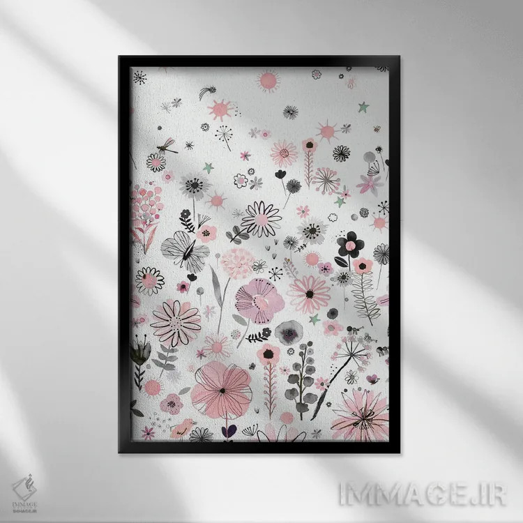 تابلو دکوراتیو گل های مثبت آبرنگی صورتی اثر نینولا دیزاین - نمای قابدار مشکی