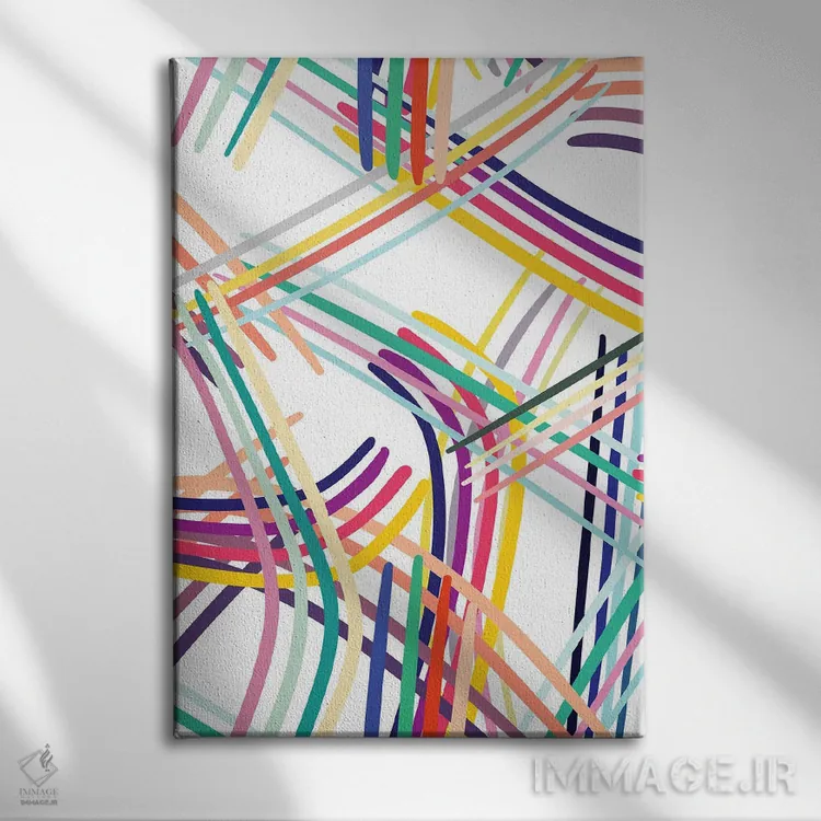 تابلو انتزاعی خطوط بافته شده رنگی چندرنگ اثر نینولا دیزاین - نمای روبهرو روی دیوار