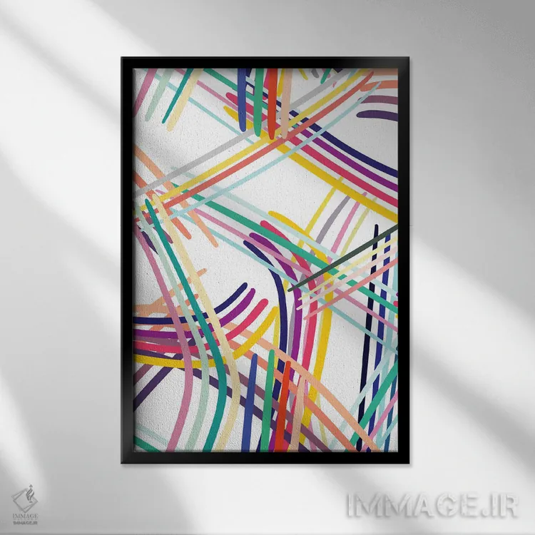 تابلو انتزاعی خطوط بافته شده رنگی چندرنگ اثر نینولا دیزاین - نمای قابدار مشکی