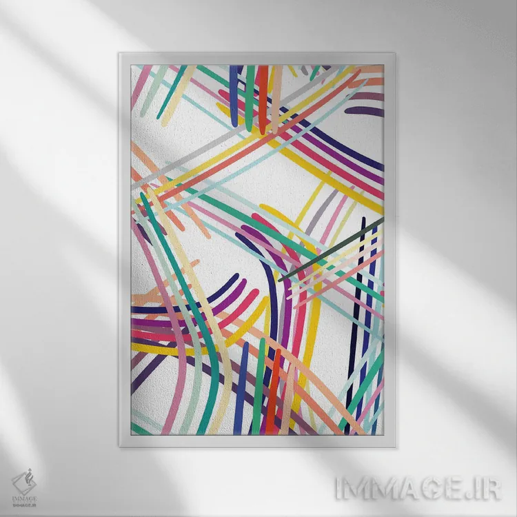 تابلو انتزاعی خطوط بافته شده رنگی چندرنگ اثر نینولا دیزاین - نمای قابدار سفید