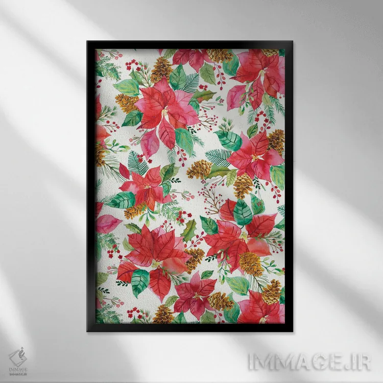 تابلو مدرن دسته گل پوینستیا کریسمس اثر نینولا دیزاین - نمای قابدار مشکی