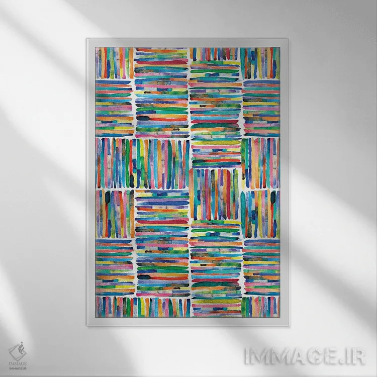 تابلو انتزاعی راه راه های رنگی آبرنگی نقاشی شده با دست اثر نینولا دیزاین - نمای قابدار سفید