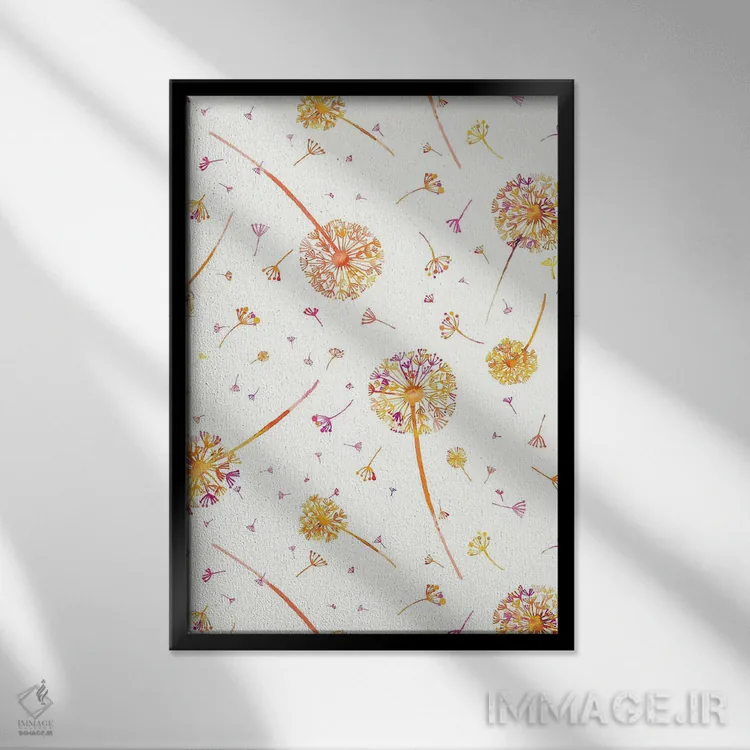 تابلو دکوراتیو قاصدک های بهاری آبرنگی نارنجی اثر نینولا دیزاین - نمای قابدار مشکی