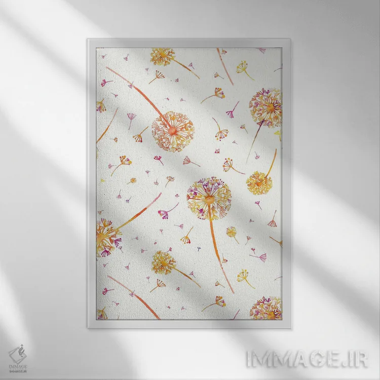 تابلو دکوراتیو قاصدک های بهاری آبرنگی نارنجی اثر نینولا دیزاین - نمای قابدار سفید