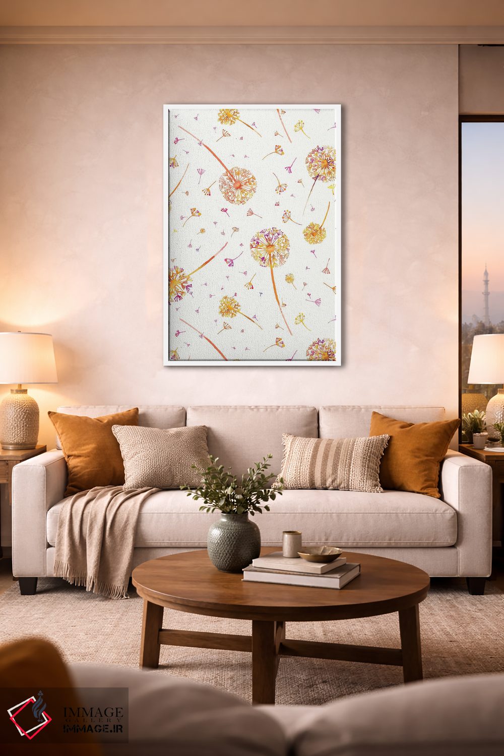 تابلو دکوراتیو قاصدک های بهاری آبرنگی نارنجی اثر نینولا دیزاین - D1W