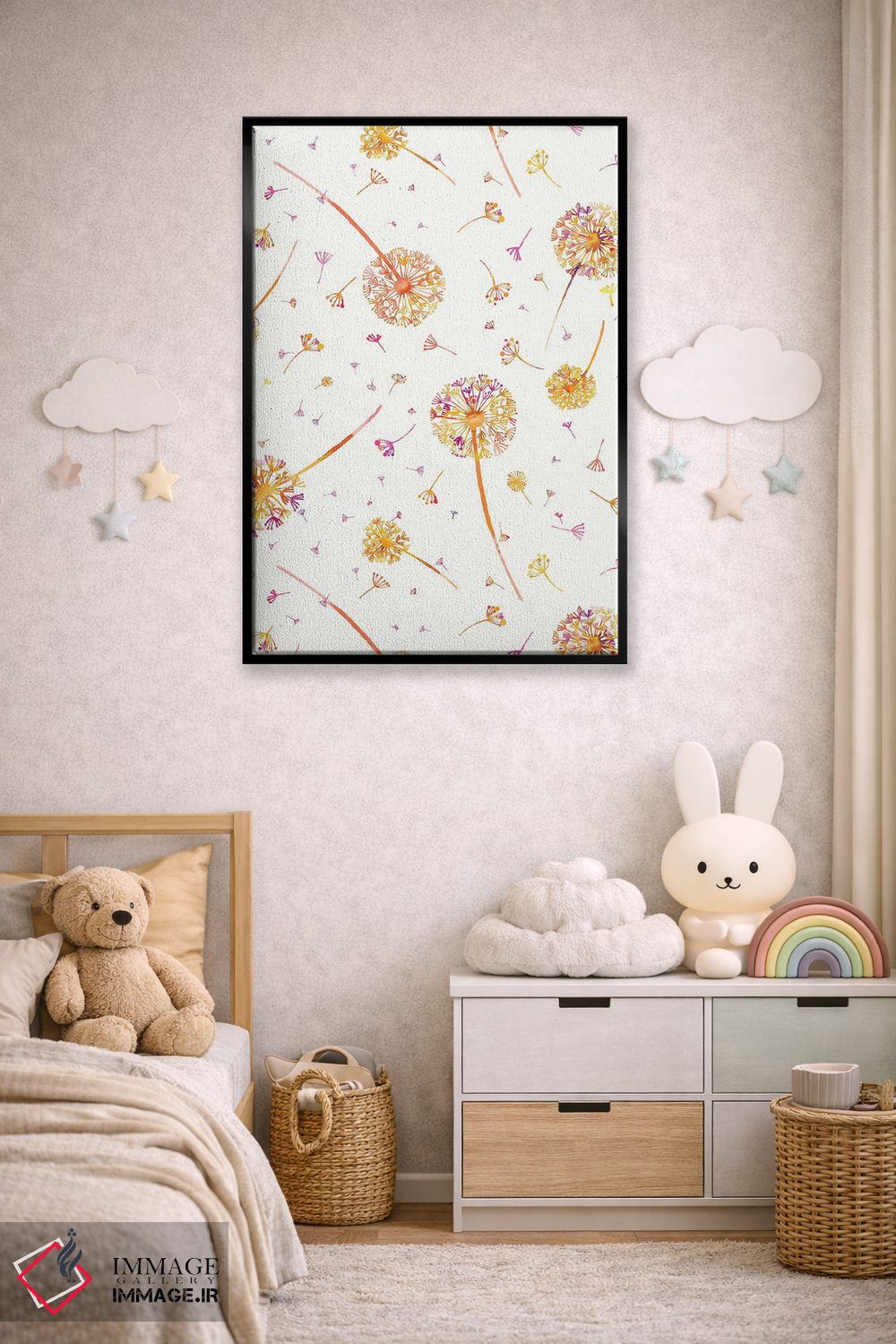 تابلو دکوراتیو قاصدک های بهاری آبرنگی نارنجی اثر نینولا دیزاین - D5B