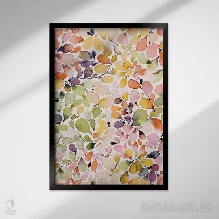 تابلو مدرن اکالیپتوس برگ دار مرجانی و زرد اثر نینولا دیزاین - نمای قابدار مشکی