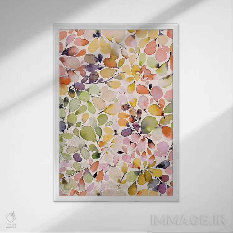 تابلو مدرن اکالیپتوس برگ دار مرجانی و زرد اثر نینولا دیزاین - نمای قابدار سفید