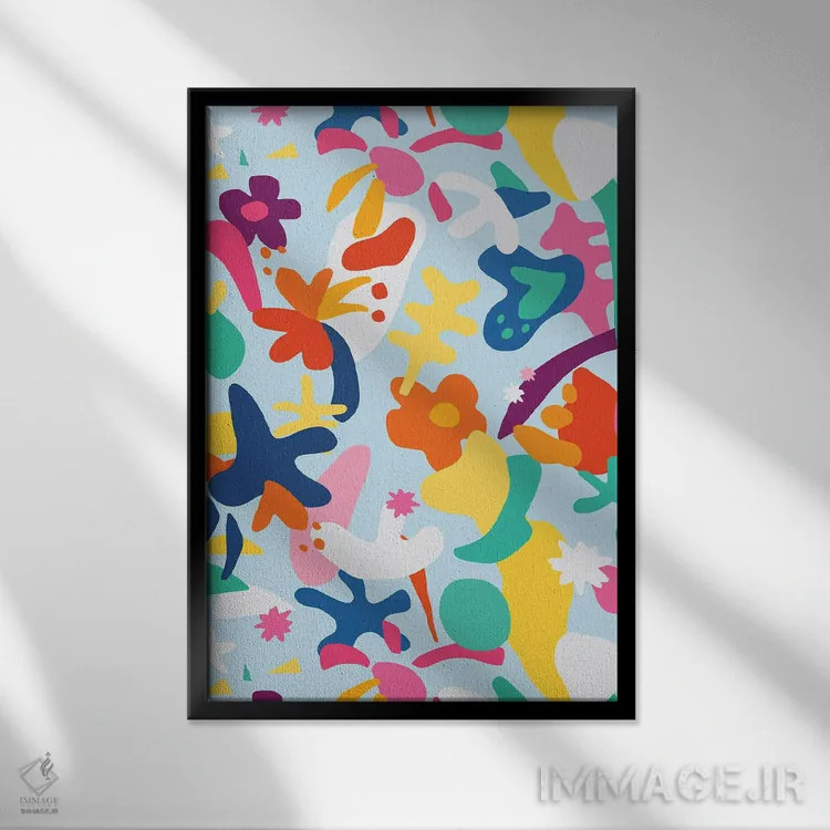 تابلو انتزاعی طراحی شاد کودکانه ماتیس ارگانیک و رنگارنگ اثر نینولا دیزاین - نمای قابدار مشکی