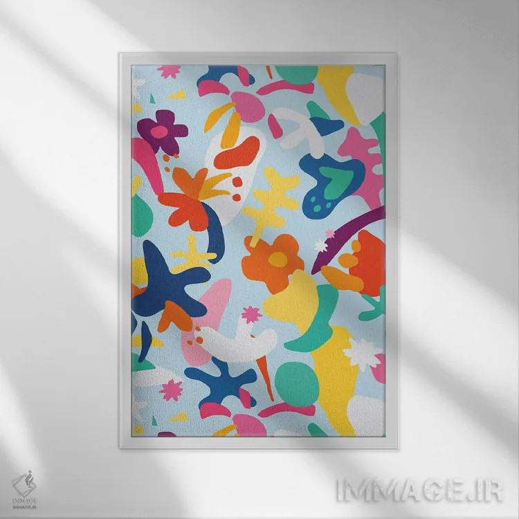 تابلو انتزاعی طراحی شاد کودکانه ماتیس ارگانیک و رنگارنگ اثر نینولا دیزاین - نمای قابدار سفید