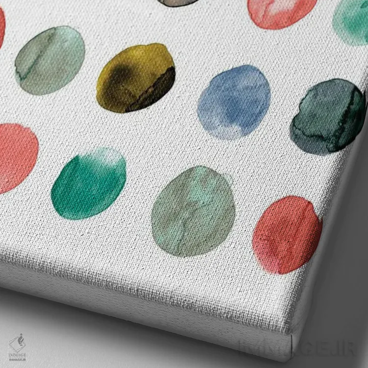 تابلو مینیمال دایره های آبرنگی به رنگ مرجانی و سبز اثر نینولا دیزاین - نمای نزدیک بافت بوم
