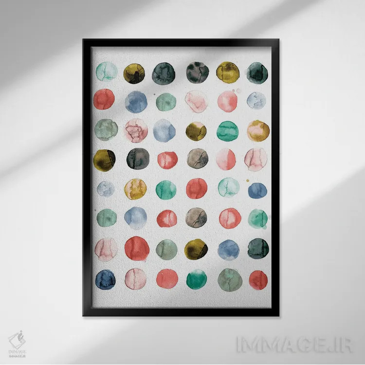 تابلو مینیمال دایره های آبرنگی به رنگ مرجانی و سبز اثر نینولا دیزاین - نمای قابدار مشکی