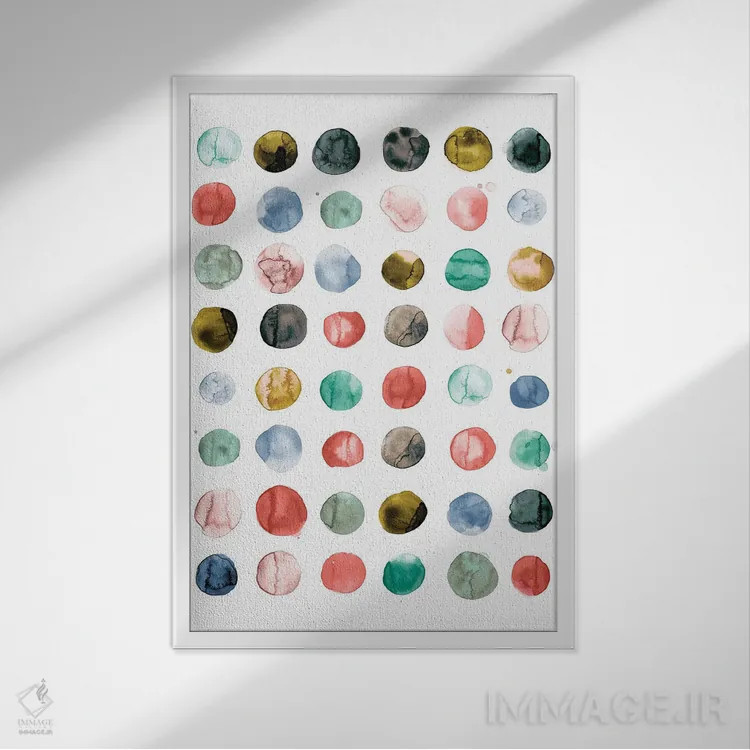 تابلو مینیمال دایره های آبرنگی به رنگ مرجانی و سبز اثر نینولا دیزاین - نمای قابدار سفید