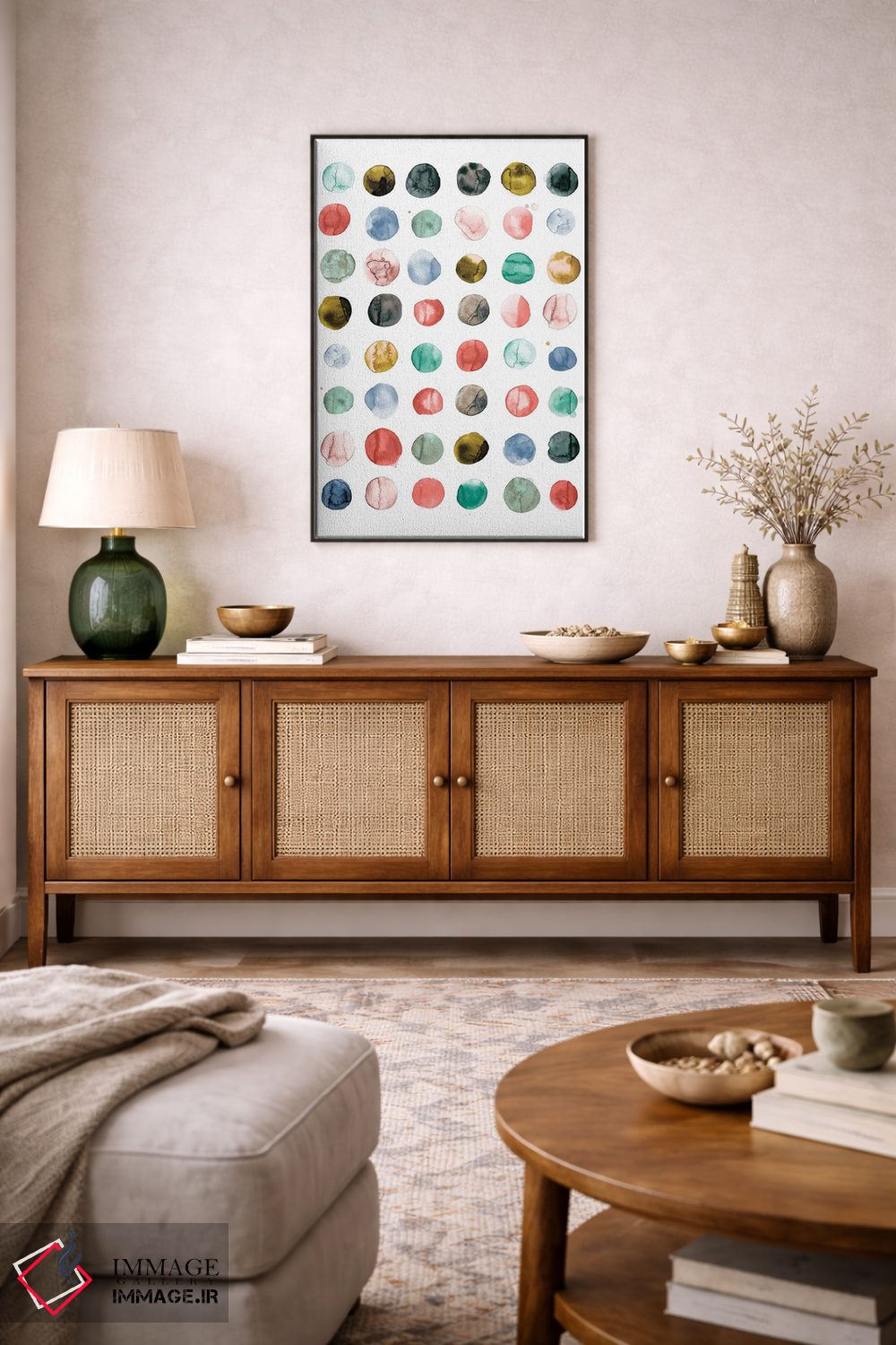 تابلو مینیمال دایره های آبرنگی به رنگ مرجانی و سبز اثر نینولا دیزاین - D3B