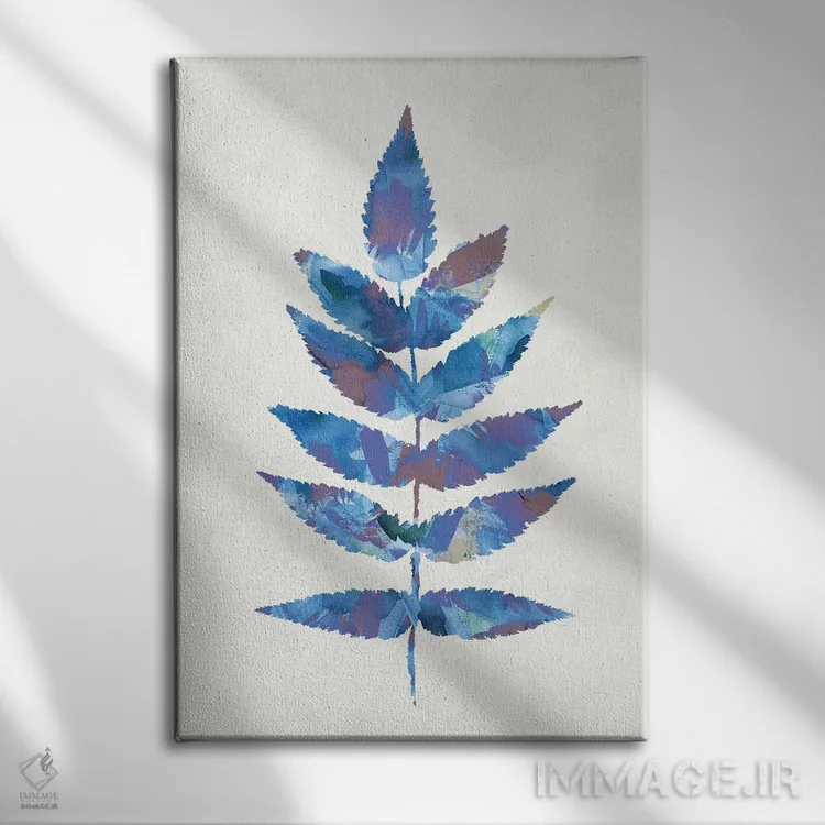 تابلو مینیمال برگ گیاهی جنگلی آبی اثر نینولا دیزاین - نمای روبهرو روی دیوار