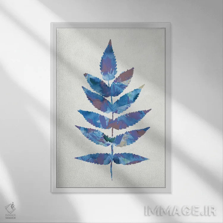 تابلو مینیمال برگ گیاهی جنگلی آبی اثر نینولا دیزاین - نمای قابدار سفید