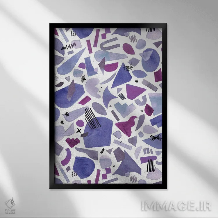 تابلو انتزاعی اشکال ارگانیک و هندسی رنگ وری پری اثر نینولا دیزاین - نمای قابدار مشکی
