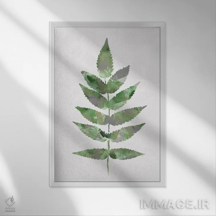 تابلو مینیمال برگ جنگلی سبز اثر نینولا دیزاین - نمای قابدار سفید