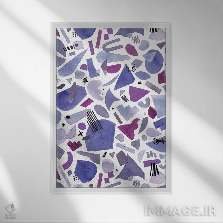 تابلو انتزاعی اشکال ارگانیک و هندسی رنگ وری پری اثر نینولا دیزاین - نمای قابدار سفید