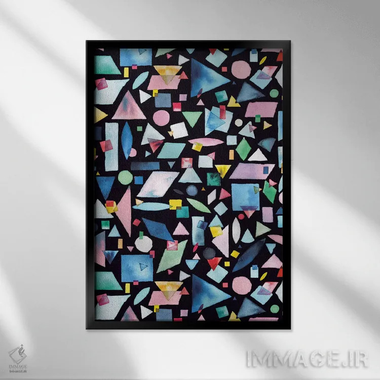 تابلو انتزاعی قطعات هندسی رنگارنگ اثر نینولا دیزاین - نمای قابدار مشکی