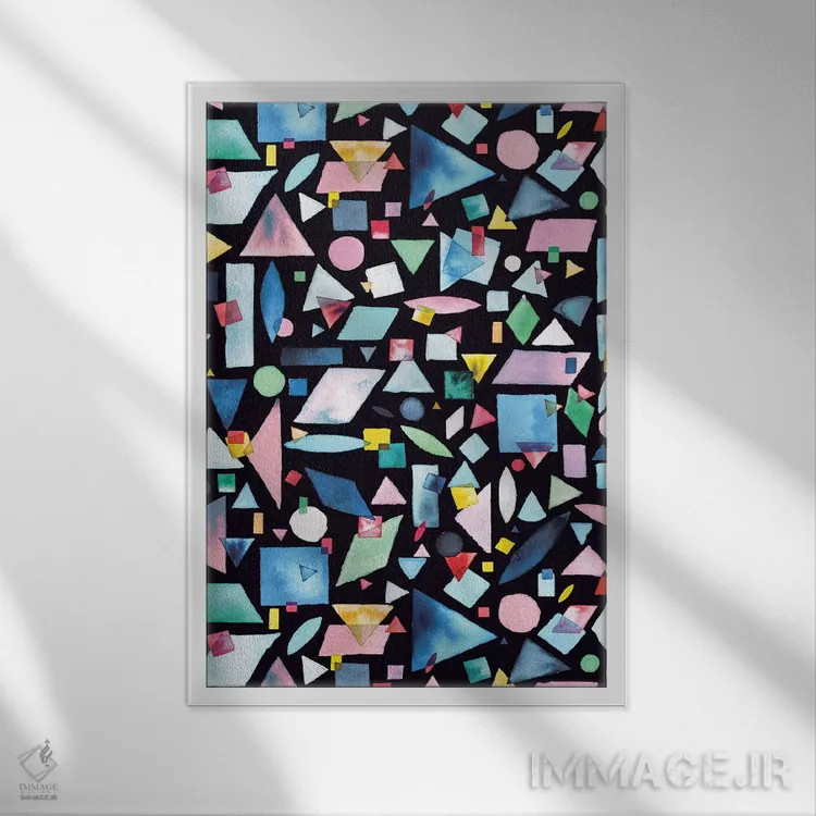تابلو انتزاعی قطعات هندسی رنگارنگ اثر نینولا دیزاین - نمای قابدار سفید
