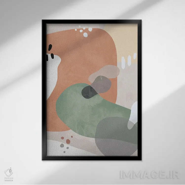 تابلو مینیمال اشکال انتزاعی ارگانیک رنگ سفالی اثر نینولا دیزاین - نمای قابدار مشکی
