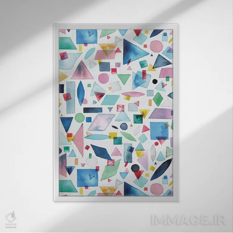 تابلو انتزاعی قطعات هندسی چندرنگ اثر نینولا دیزاین - نمای قابدار سفید