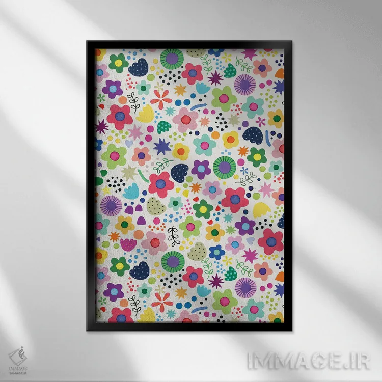 تابلو دکوراتیو گل های طبیعت سرزنده و روان گردان رنگارنگ اثر نینولا دیزاین - نمای قابدار مشکی