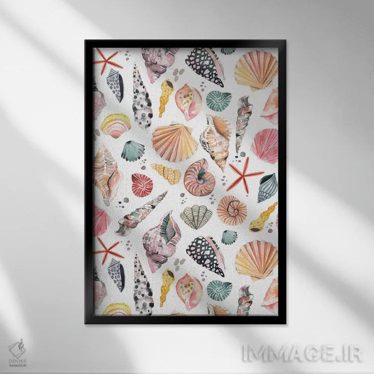 تابلو دکوراتیو صدف های دریایی و شن ساحلی اثر نینولا دیزاین - نمای قابدار مشکی