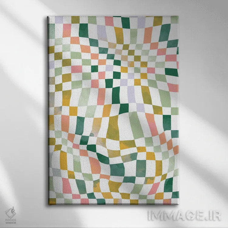 تابلو انتزاعی مربع های شطرنجی نوستالژیک و رترو وینتیج اثر نینولا دیزاین - نمای روبهرو روی دیوار