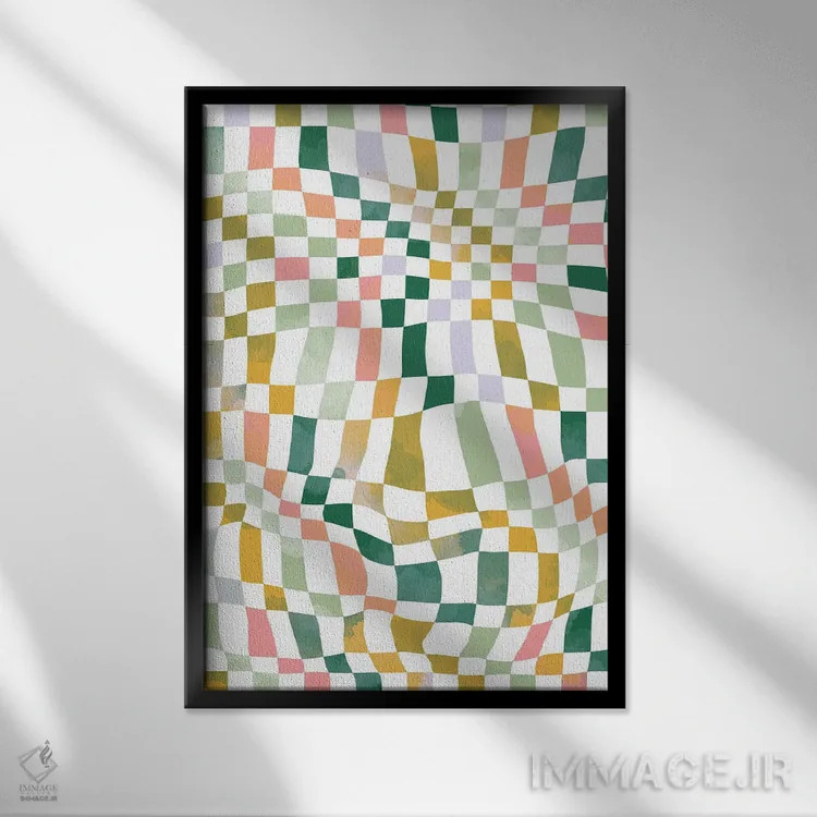 تابلو انتزاعی مربع های شطرنجی نوستالژیک و رترو وینتیج اثر نینولا دیزاین - نمای قابدار مشکی