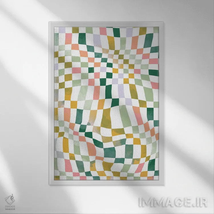 تابلو انتزاعی مربع های شطرنجی نوستالژیک و رترو وینتیج اثر نینولا دیزاین - نمای قابدار سفید
