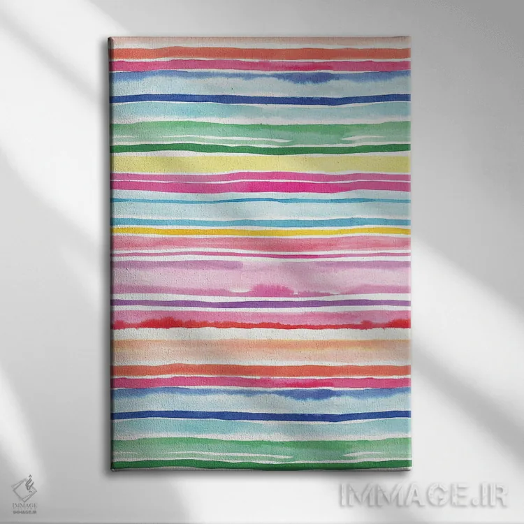 تابلو انتزاعی راه راه های تابستانی رنگارنگ اثر نینولا دیزاین - نمای روبهرو روی دیوار