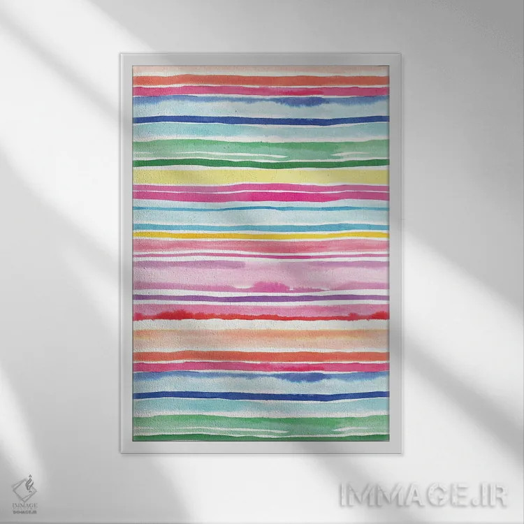 تابلو انتزاعی راه راه های تابستانی رنگارنگ اثر نینولا دیزاین - نمای قابدار سفید