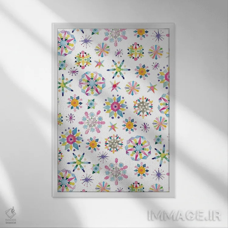 تابلو دکوراتیو دانه های برف و ستاره های زمستانی اثر نینولا دیزاین - نمای قابدار سفید