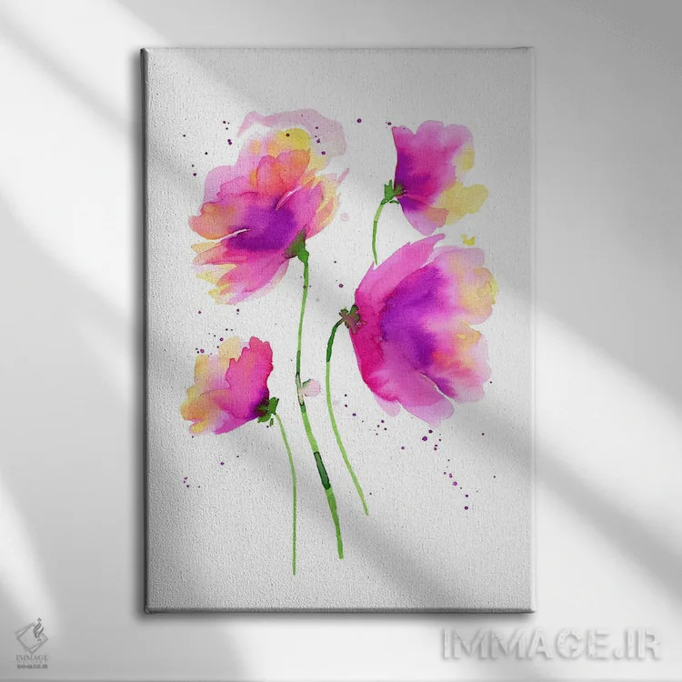 تابلو انتزاعی شقایق های انتزاعی صورتی اثر نینولا دیزاین - نمای روبهرو روی دیوار