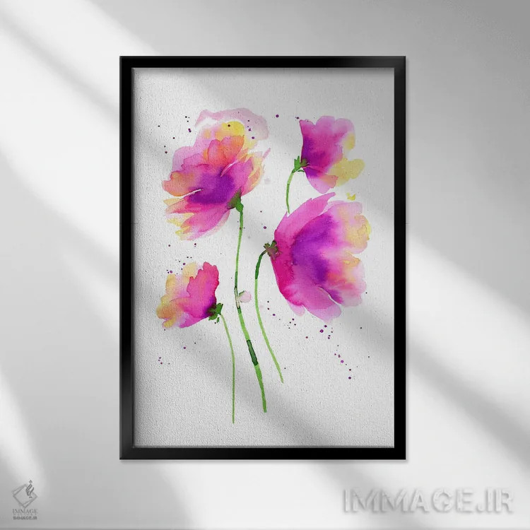 تابلو انتزاعی شقایق های انتزاعی صورتی اثر نینولا دیزاین - نمای قابدار مشکی