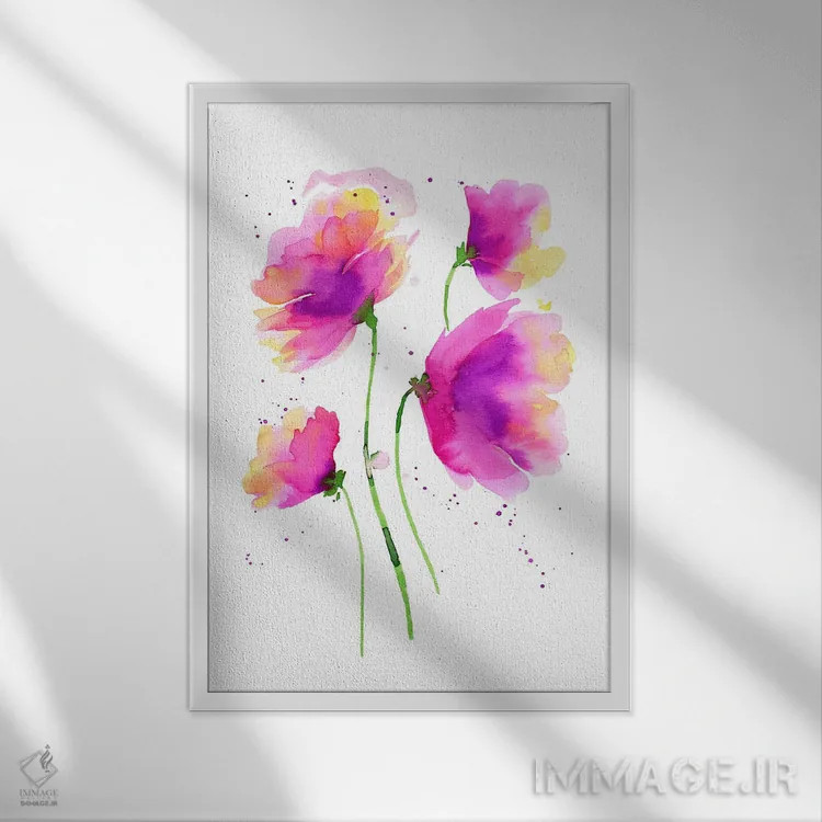 تابلو انتزاعی شقایق های انتزاعی صورتی اثر نینولا دیزاین - نمای قابدار سفید