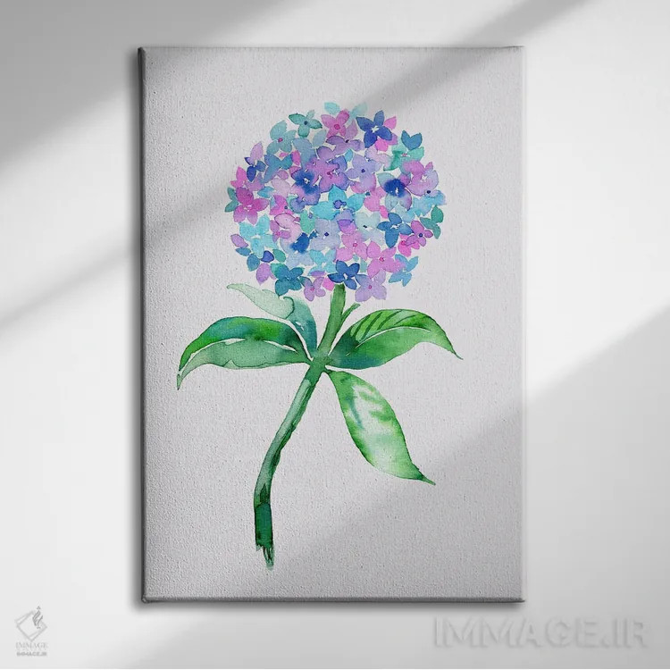 تابلو مدرن آبرنگ گل ادریسی اثر نینولا دیزاین - نمای روبهرو روی دیوار