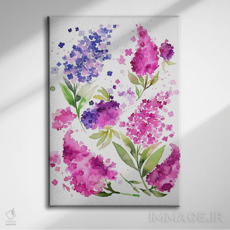 تابلو مدرن آبرنگ ادریسی ها و یاس بنفش اثر نینولا دیزاین - نمای روبهرو روی دیوار