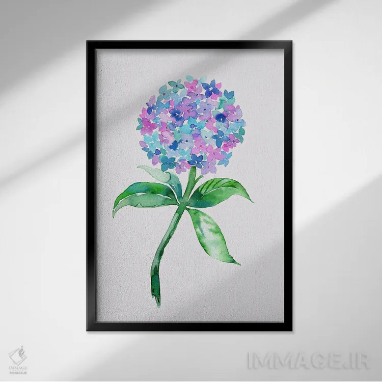 تابلو مدرن آبرنگ گل ادریسی اثر نینولا دیزاین - نمای قابدار مشکی