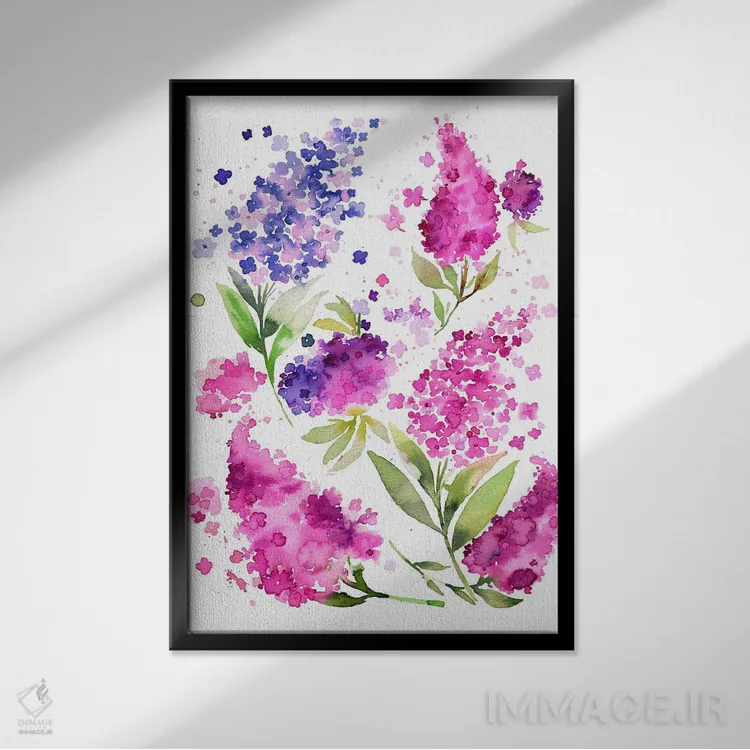 تابلو مدرن آبرنگ ادریسی ها و یاس بنفش اثر نینولا دیزاین - نمای قابدار مشکی