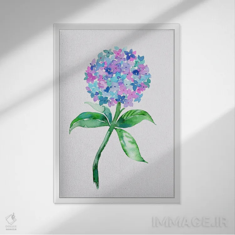 تابلو مدرن آبرنگ گل ادریسی اثر نینولا دیزاین - نمای قابدار سفید